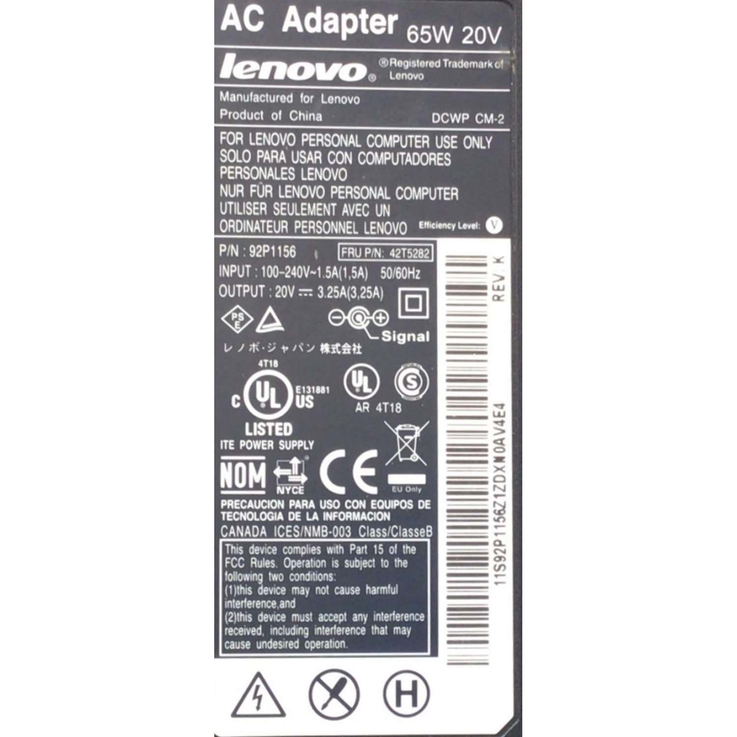 CARGADOR / ADAPTADOR DE FUENTE DE ALIMENTACION LENOVO / NUMERO DE PARTE 92P1156 / 36200143 / 42T5282 / 73.32WH / 0.30WH / ENTRADA VCA 100-240V~1.5A(1,5A) / 50-60HZ / 65W / 20V / SALIDA VCD 20V⎓3.25A(3,25A) / MODELO 92P1156 - Imagen 4